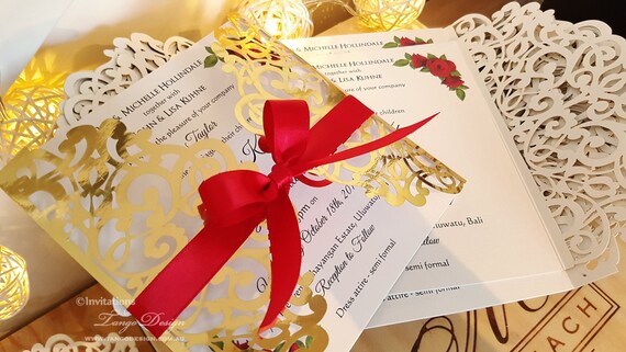 Roses and Gold Foil wedding invitation White gold and red