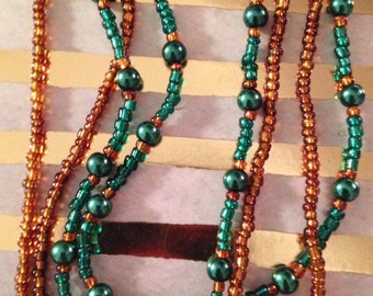 Emerald Green & Rust Pearl Necklace with Glass Beads