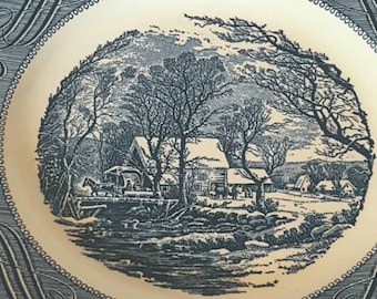 Currier and Ives Old Grist Mill Set Dinner Plate, Royal, 1960's Kitchen, Blue and White China Dinner Plate