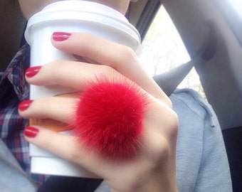 Mink pompom ring, Red Mink finger ring with genuine leather.Real fur ring