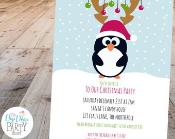 Christmas Winter Penguin Party Printable Invitation Template, 5x7in - Blue and White - Double-Sided - Instant Download - Holiday Parties