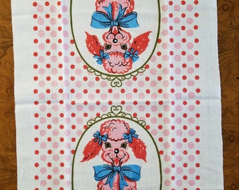 Vintage Linen Tea Towel or Wall Hanging ~ Pink Poodle
