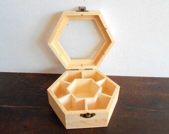 Tea box with glass display- wooden hexagon jewelry box- pine wood keepsake- 7 compartments keepsake- herbs storage box