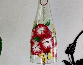 Glass Wind Chime, Recycled wine bottle wind chime, Flowers, Sun catcher, Red and white flowers, yard art, butterflies, Lady bug beads