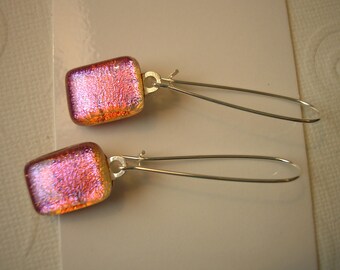 Hot Pink Earrings, Fuschia Purple Gold, Dichroic Glass, Sterling Silver Kidney Earwires, Long Dangle Earrings, Fused Glass Jewelry, Pink
