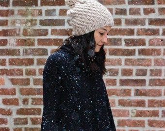 The Ipswich - LINEN // Semi-Slouchy Chunky Knit textured Beanie Hat wool pom pom