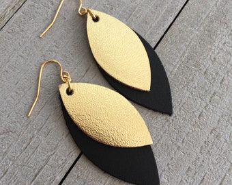 Gold Metallic and Black Leather Marquise Earrings - Dangle Statement Earrings - Geometric Earrings - Gift for Her