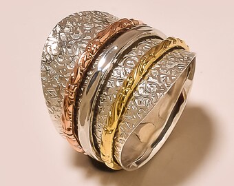 Three Tone Spinning ring, Meditation ring, statement ring, Spinner Ring US-6,7,8,9,10,11 Jewelry, free shipping