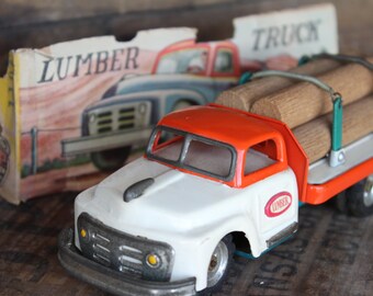 Tin Friction Lumber Truck Toy from SSS Japan with partial box
