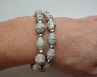 elastic bracelet "stone and silver" round beads, silver, and gray painted cardboard oval beads