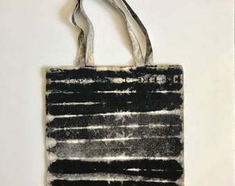 Black Shibori Tote, Minimal Stripes Hand Dyed Tote Bag, Black and White Cotton Canvas Tote
