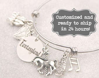 Fantasyland - Engraved DISNEY Inspired, Walt Disney World Disneyland, Mine, Castle, Carousel Custom Name Charm Bracelet, Adjustable Bangle