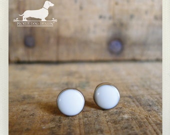 DOLLAR DEAL! White Out. Post Earrings -- (Silver, Small, Simple, White Studs, Summer, Circle Studs, Vintage-Style, Unisex Gift Under 5)