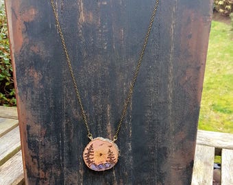 Mountains,trees, sun and eagles, pyrography art Woodburned live edge birch pendant necklace,Rockies with pine trees, brass chain and clasp