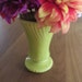 McCoy chartreuse green swirl ribbed beaded SPRINGTIME pottery vase - very pretty hippie mid century funk.- six 6 inches tall.
