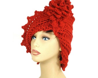 Red Cloche Hat, Crochet Hat Red Womens Hat 1920s, Red Hat, Lauren 1920s Cloche Hat Crochet Flower, Russian Hat