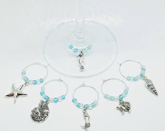 Wine Charms Set, Coastal Wine Charms, Ocean Wine Charms, Beach WIne Charms, Wine Favors, Beach Favors, Wedding Favors, Wine Gift, Mermaid