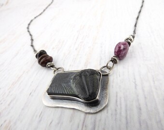 Fossil Trilobite Necklace, Sterling Silver Necklace, Trilobite Ruby Dinosaur Bone Necklace, Bar Necklace