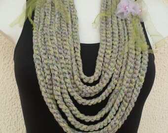 Textile necklace purple and lime green
