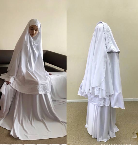 Elegant Muslim wedding  suit bridal  Silk jilbab  White khimar