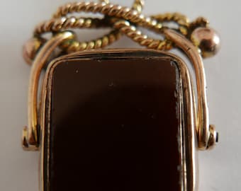 Antique William Hair Haseler Birmingham 1905 9ct Gold Cornelian and Bloodstone Swivel Watch Fob - 36mm x 26mm.