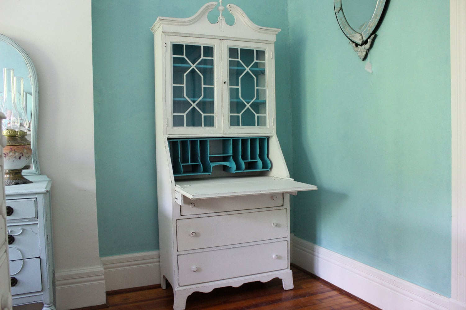 Custom Order Antique Secretary Desk White Dustressed Turquoise 🔎zoom - Custom Order Antique Secretary Desk White Dustressed Turquoise