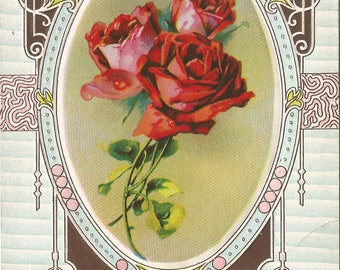 Rich Ruby Red Roses with Art Nouveau Frame Embossed Postcard Vintage Postcard