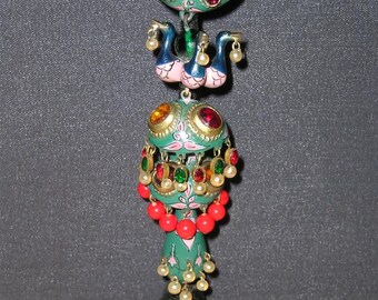 Vintage Enamel And Rhinestone Large Movie Prop Fur Clip Ostentatious With Red Glass Beads 1940's Jewelry 3015