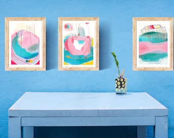 3 Piece Abstract Painting - Abstract Acrylic Painting - Pink Abstract Art - Abstract White And Pink Painting - Original Pink Art
