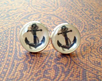 20% OFF- Black And White Anchor Cabochon Stud Earrings,Earring Post,Gift Idea
