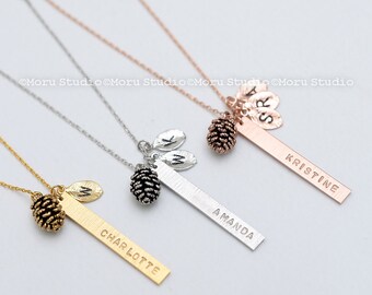 Personalized Vertical Bar Leaf Necklace, Pinecone Charm Custom Name Family Tree Necklace/ Mothers Day, Grandmother Gift, Bridesmaid 009-6