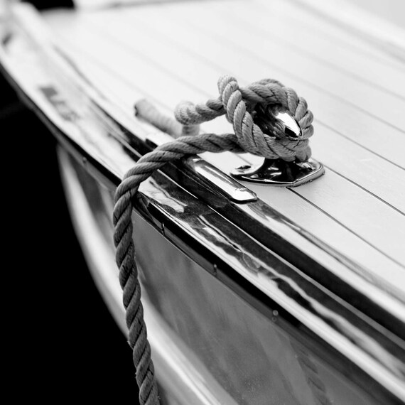 Nautical décor, Lake house decor, Black and white prints, Nautical art, Coastal art, Wooden boat, Boating decor // Chris Craft Rope & Cleat