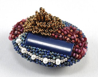 circle beads brooch , blue and pink brooch, statement brooch, sparkly brooch, embroidered brooch, art brooch, oval brooch, cool brooch No.4
