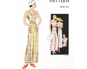 30s 1930s jumpsuit vintage women's sewing pattern reproduction // pinafore overalls // beach pajamas // bust 32 34 36 38 40