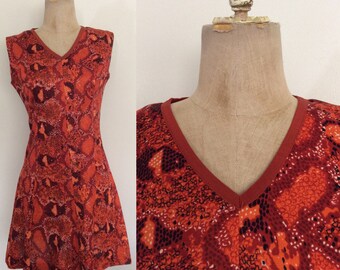 1970's Red Snakeskin Print Mod Mini Dress Size Medium by Maeberry Vintage
