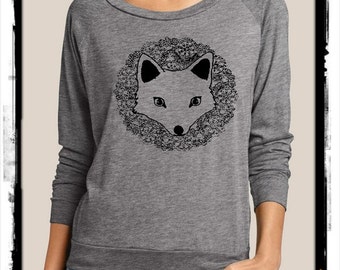 FOX Heathered Slouchy Pullover long sleeve Girls Ladies shirt screenprint Alternative Apparel