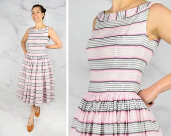 1950s Pink + Black Striped Cotton Sun Dress with Full Skirt 24" Waist Sleeveless 50s Dress