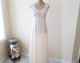 Vintage 1970s Shadowline Yellow Chiffon Nightgown, Vintage Sheer Yellow Nightgown, Sheer Yellow Nylon and Lace Nightgown, Summer Nightgown