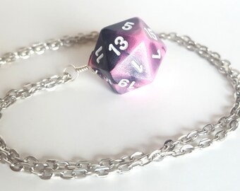 Dice Pendant Necklace - Pink and Black Swirl D20 Twenty Sided Dice Jewelry - Geeky Gamer Jewelry