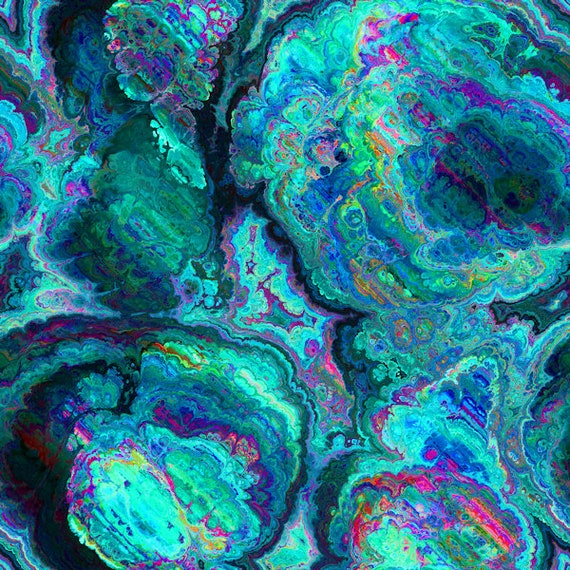 Teal Blue Agate Artist Made Cotton Upholstery Canvas Fabric Fiber Art