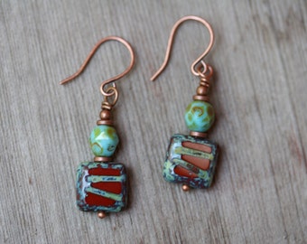 Rustic Red Earrings, Czech Glass Earrings, Turquoise and Red, Red Jewelry, Boho Earrings, Southwestern Earrings