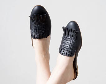 Black slip on for women woven style leather handmade