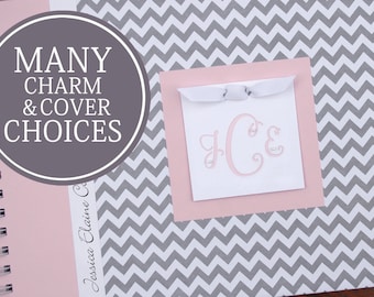 Girl Baby Book | Baby Memory Book | Baby Album Photo Book | Personalized Baby’s First Year Book | Gray Chevron & Pink with Monogram