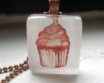 Pink Cupcake Necklace Watercolor Art Pendant Necklace 2