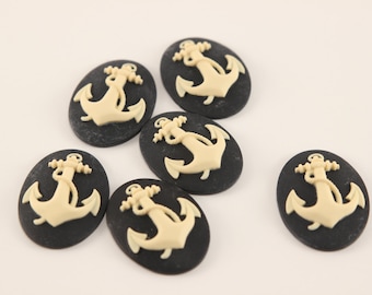 Anchor Cabochons - set of 6 - unset - 40/30 - Black and White Nautical Beach Boat cameo