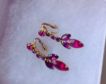 Vintage Dark Pink and Purple Rhinestone Earrings Long Dangling Clip Ons
