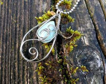 Amazonit filingree steel pendant, stainles steel wire wrapped filingre necklace, blue steel drops Stone Courage Truth, alergy free pendant