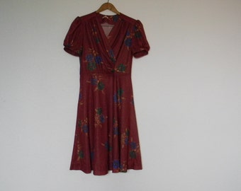 FREE usa SHIPPING Women's vintage floral dress retro chic sheer polyester dress MOD wrap dress v neck puff sleeve size S