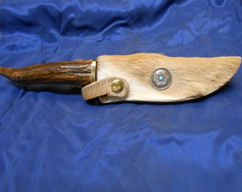 Custom fixed blade, hammer forged, stag handlle, custom sheath