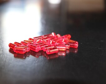 32 red transparent glass tube beads, 10 x 4 mm, tube glass beads